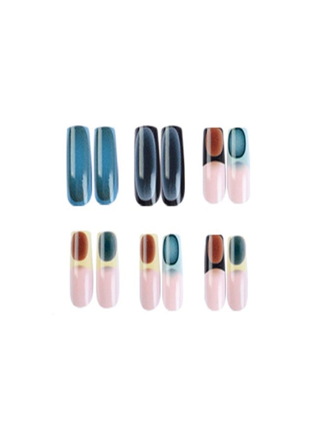 SINHOT French Tip Press on Nails Long Square Fake Nails Blue Chrome Acrylic Nails Glossy Glue on Nails Squoval Artificial Nails Stick on False Nails with Design 24 pcs - Image 4